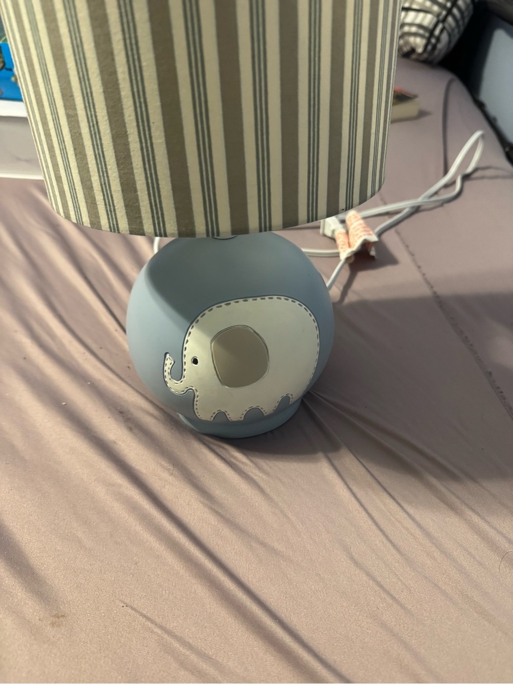 Like NEW Babies R Us Blue Elephant Nursery Lamp with Striped Shade. Timeless. - Picture 7 of 8